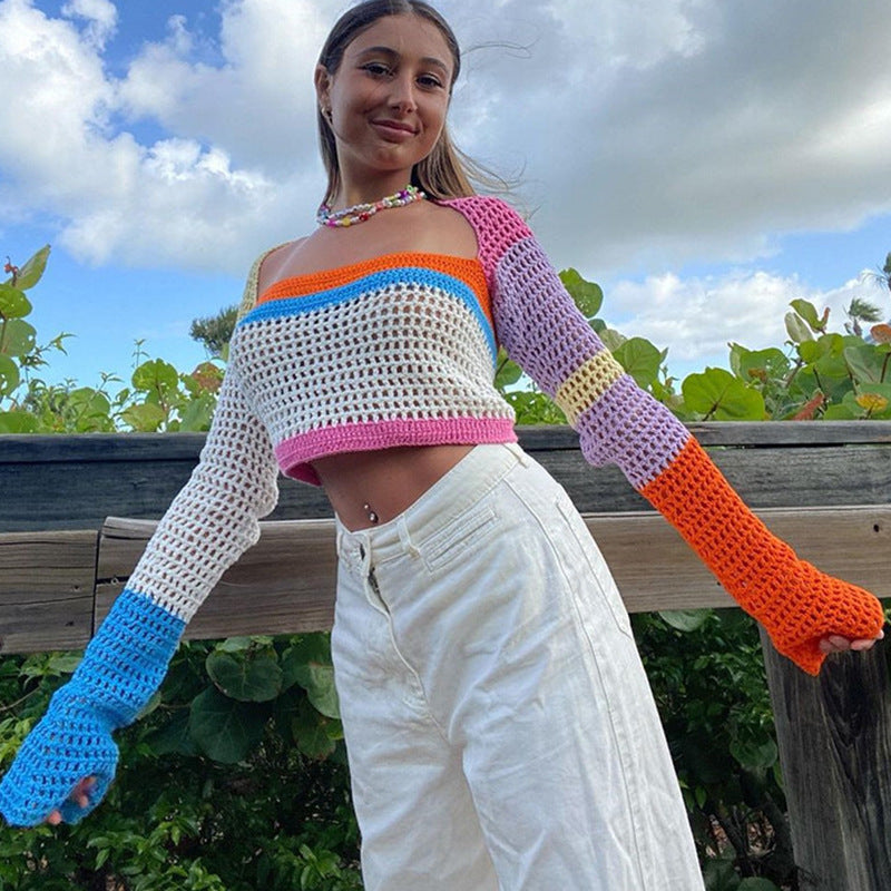 Contrasting Color Square Neck Long Sleeve Sweater