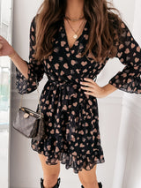 Printed Love V-neck Sexy Ruffled Dress