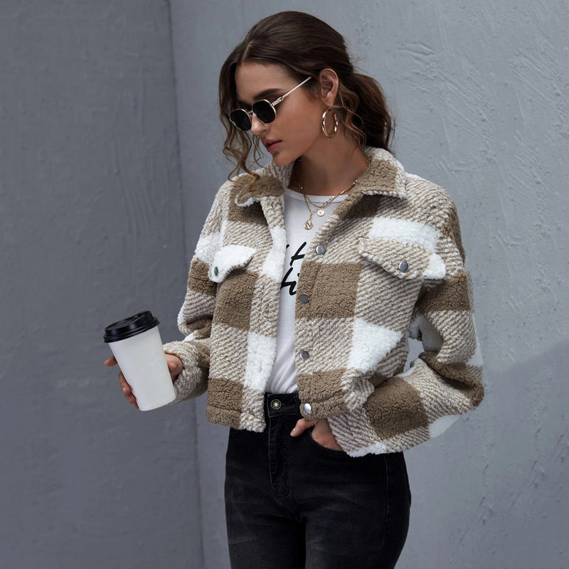 Loose Plaid Thick Plush Short Coat