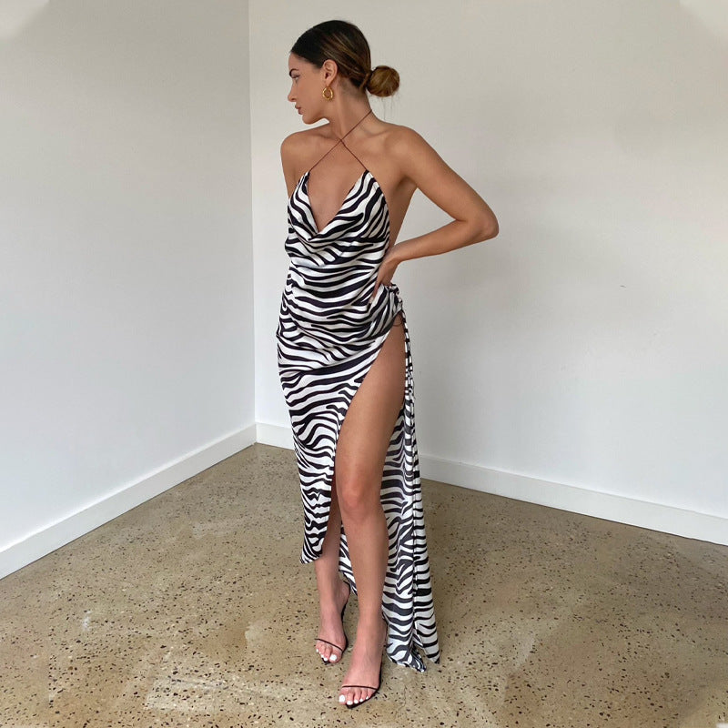 Zebra Pattern Sexy Split Halter Dress