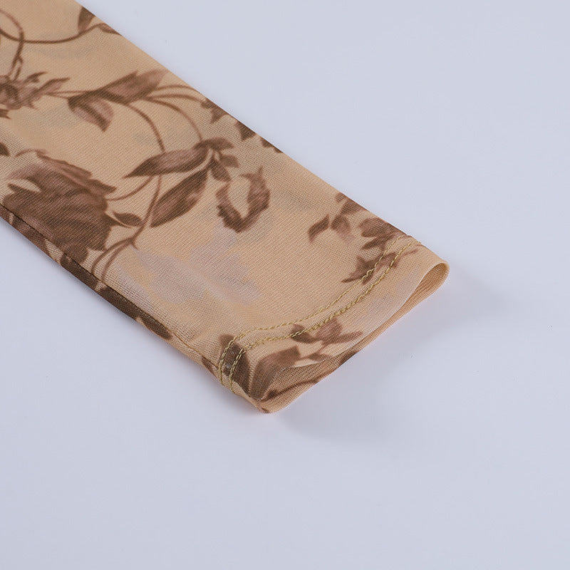 Printed Sexy See-through Long-sleeved Top Shirt