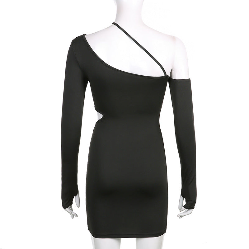 Irregular Slanted Shoulder Slit Long Sleeve Dress