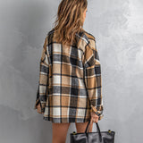 Long-sleeved Lapel Button-breasted Plaid Shirt Jacket