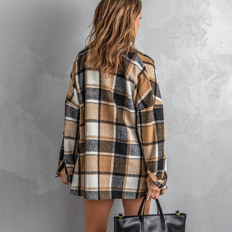 Long-sleeved Lapel Button-breasted Plaid Shirt Jacket