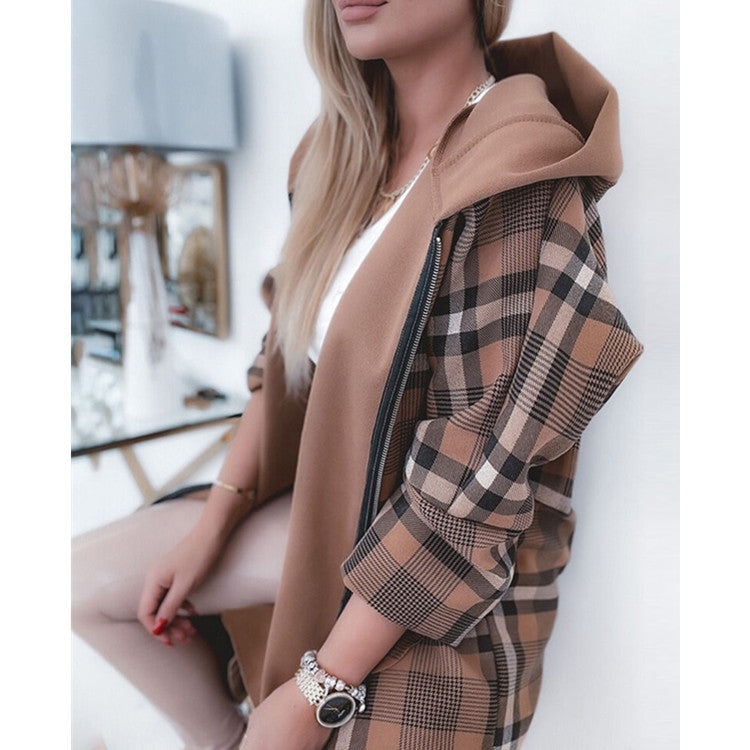 Mid-length Zipper Plaid Coat Women's Loose Coat