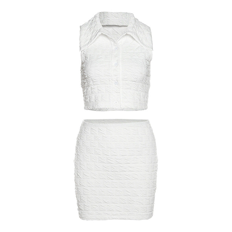 Lapel Sleeveless T-Shirt & High Waist Bag Hip Skirt Suit