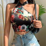 Printed Halter Neck Sexy Navel Crop Top
