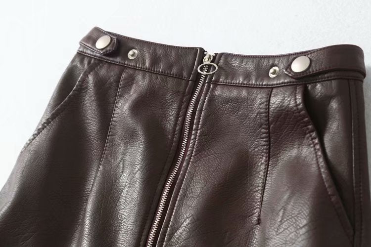 High Waist Slim Zipper PU Leather Skirt