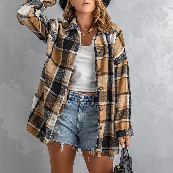 Long-sleeved Lapel Button-breasted Plaid Shirt Jacket