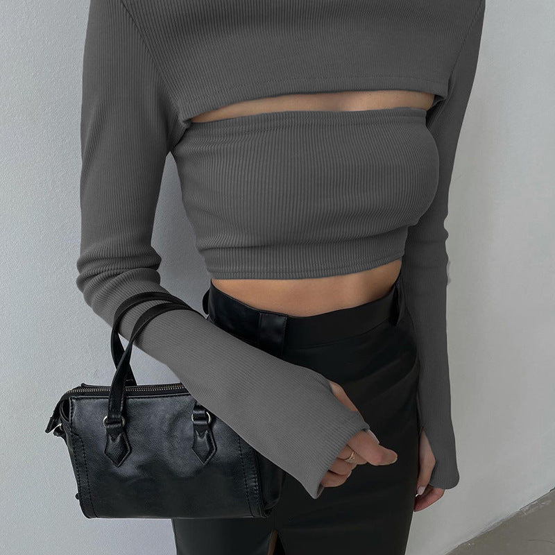 Hollow Slim Knit Long-sleeved Top Vest Suit