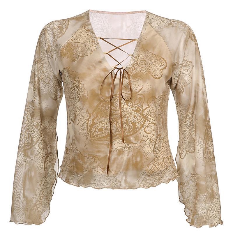 Retro Sense Print Flared Sleeve Top