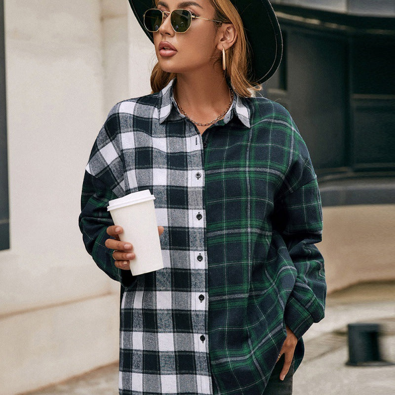 Loose Casual Lapel Long-sleeved Single-breasted Check Shirt
