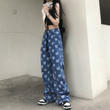 Loose Straight Leg Love Design Denim Pants