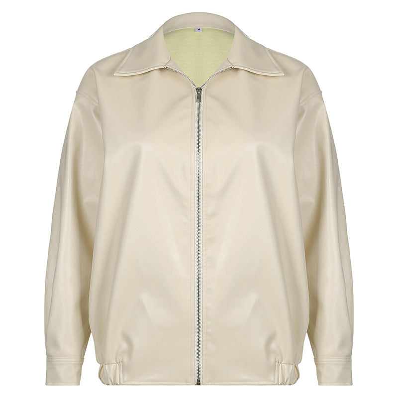 Leather Solid Color Windbreaker Zipper Loose Coat
