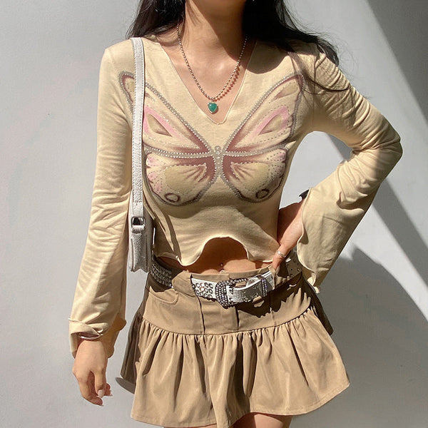 Khaki Fungus Trim Irregular Hem V-Neck Long Sleeve Top