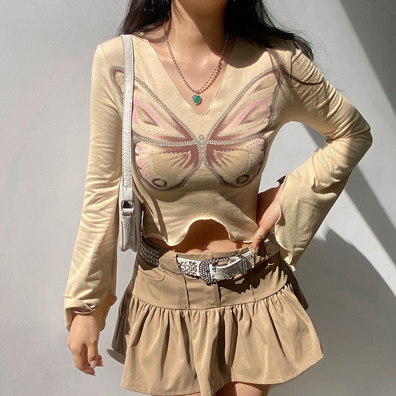 Khaki Fungus Trim Irregular Hem V-Neck Long Sleeve Top