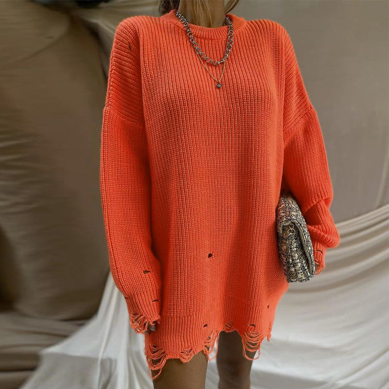 Loose Solid Color Ripped Sweater
